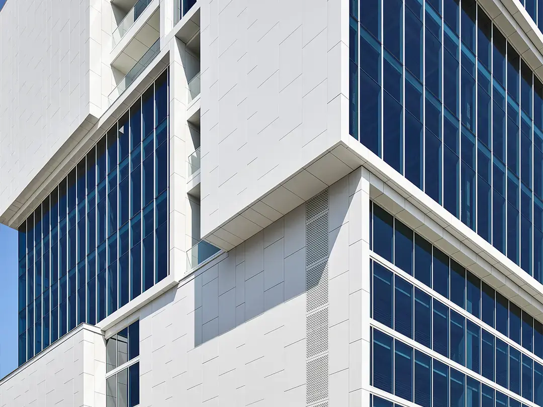 close-up view of exterior architectural features on corner of building