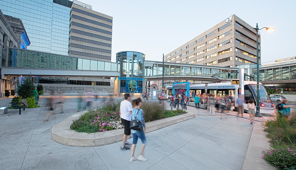 people walking toward streetcar at Union Station stop