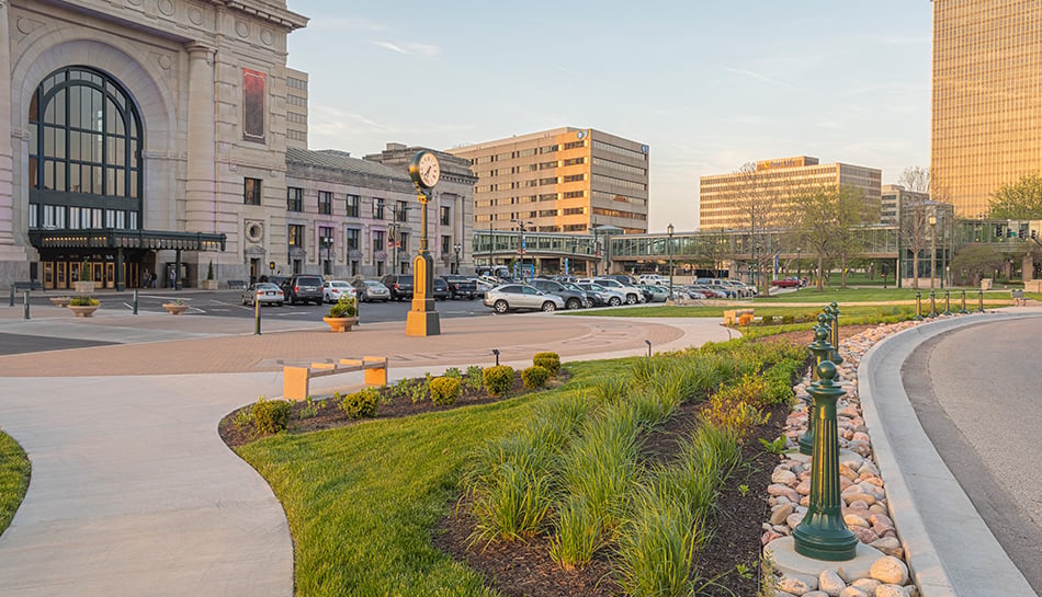 landscaping in place at front entrance plaza of Union Station Kansas City