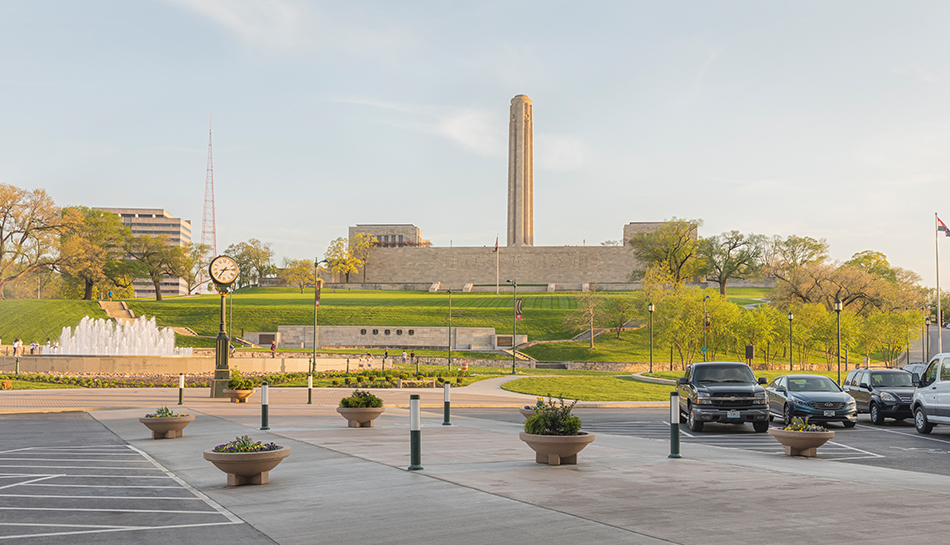 view from outside Kansas City Union Station toward Liberty Memorial