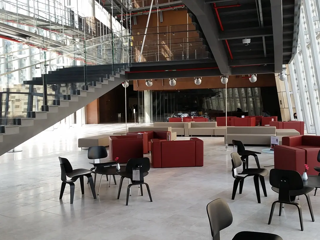 seating areas next to open staircase