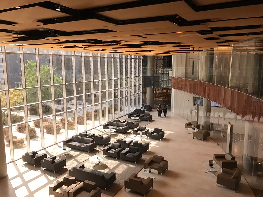 view of seating area from upper level