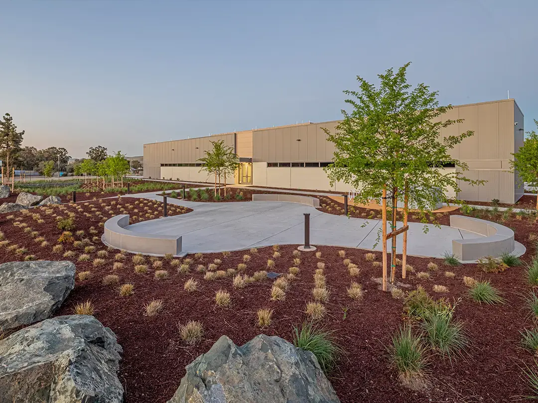plaza area and landscaping in front of building