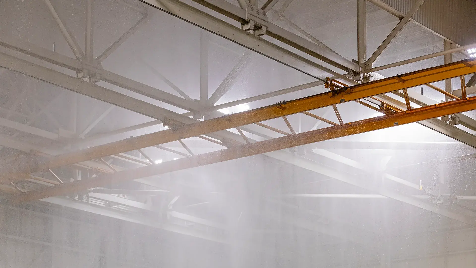 ceiling of hangar during fire suppression system test