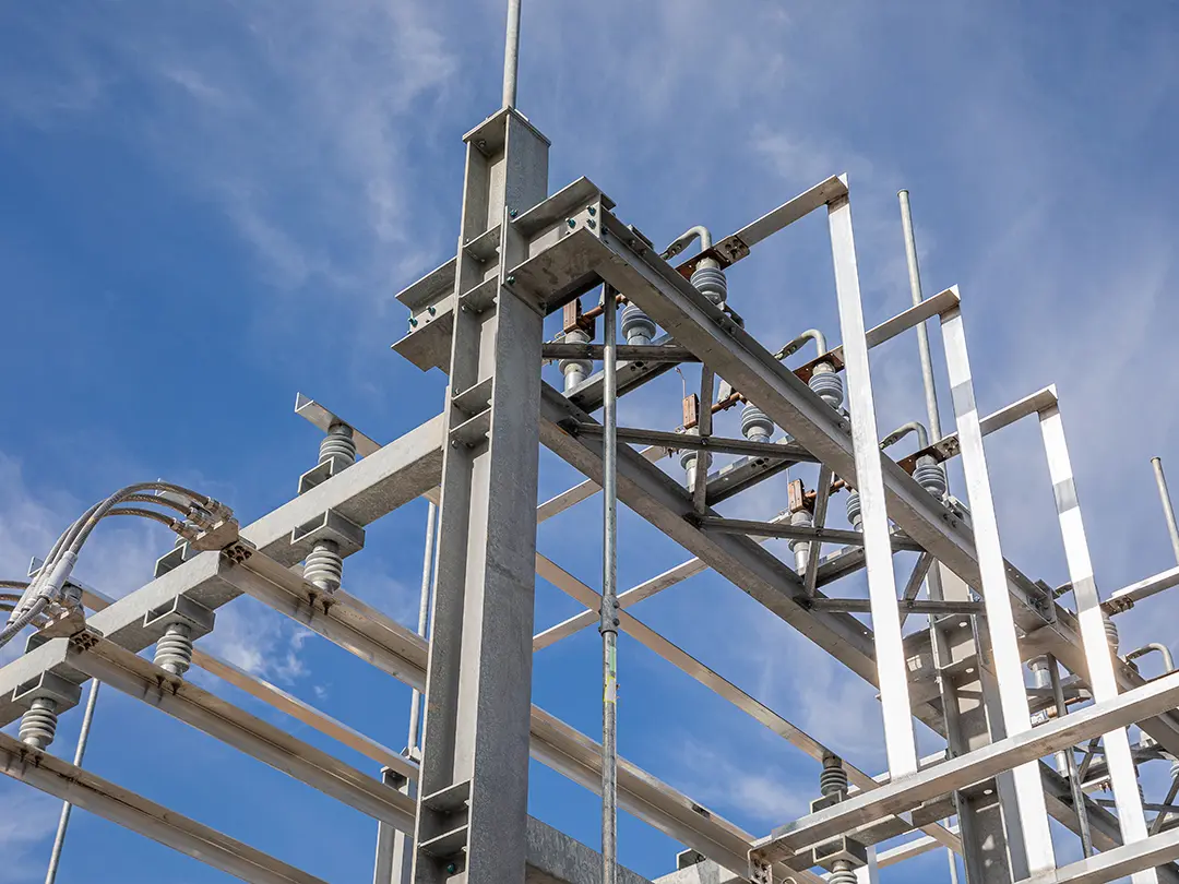 view looking up at substation under construction