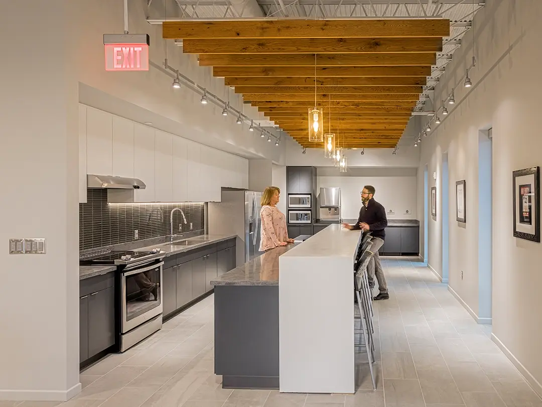 staff kitchen space with bar seating