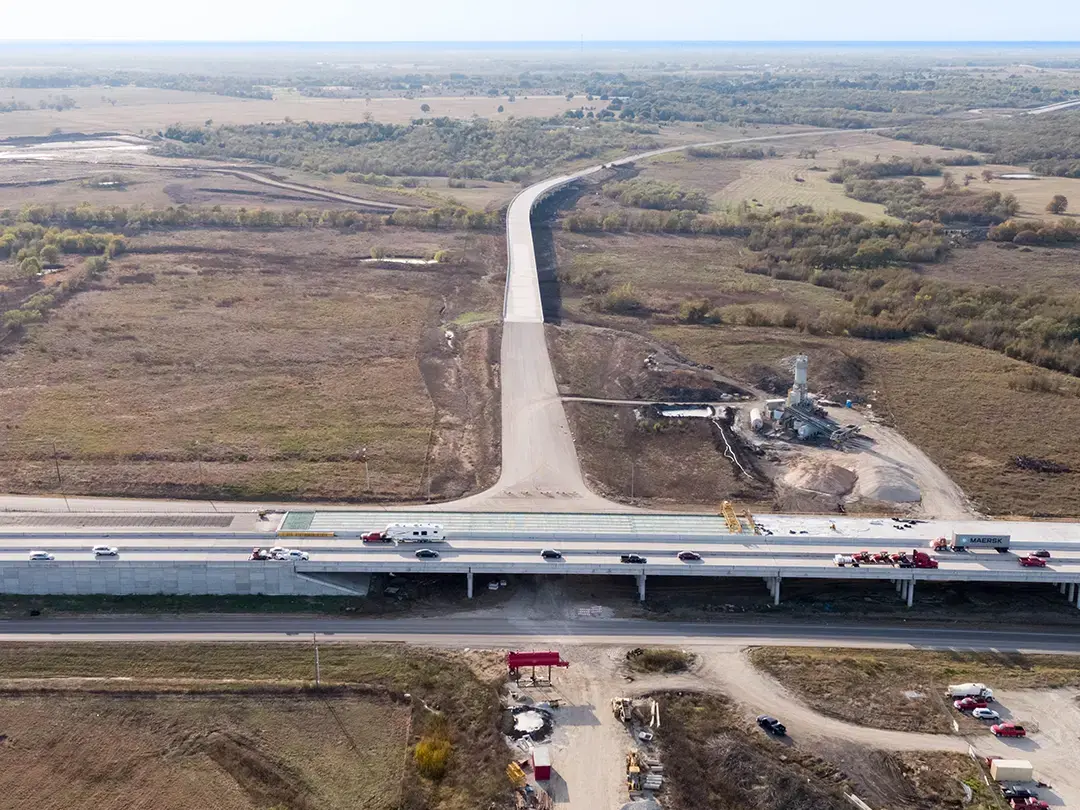 aerial view of construction of interstate highway interchange