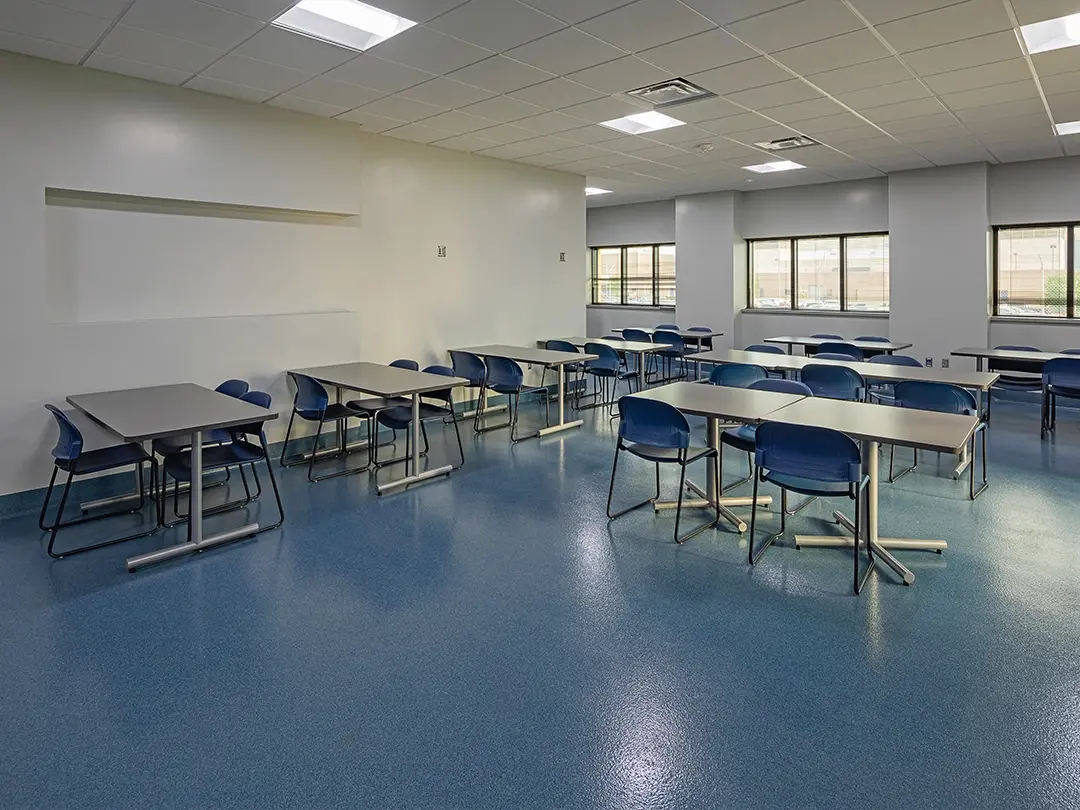 break room with tables and chairs