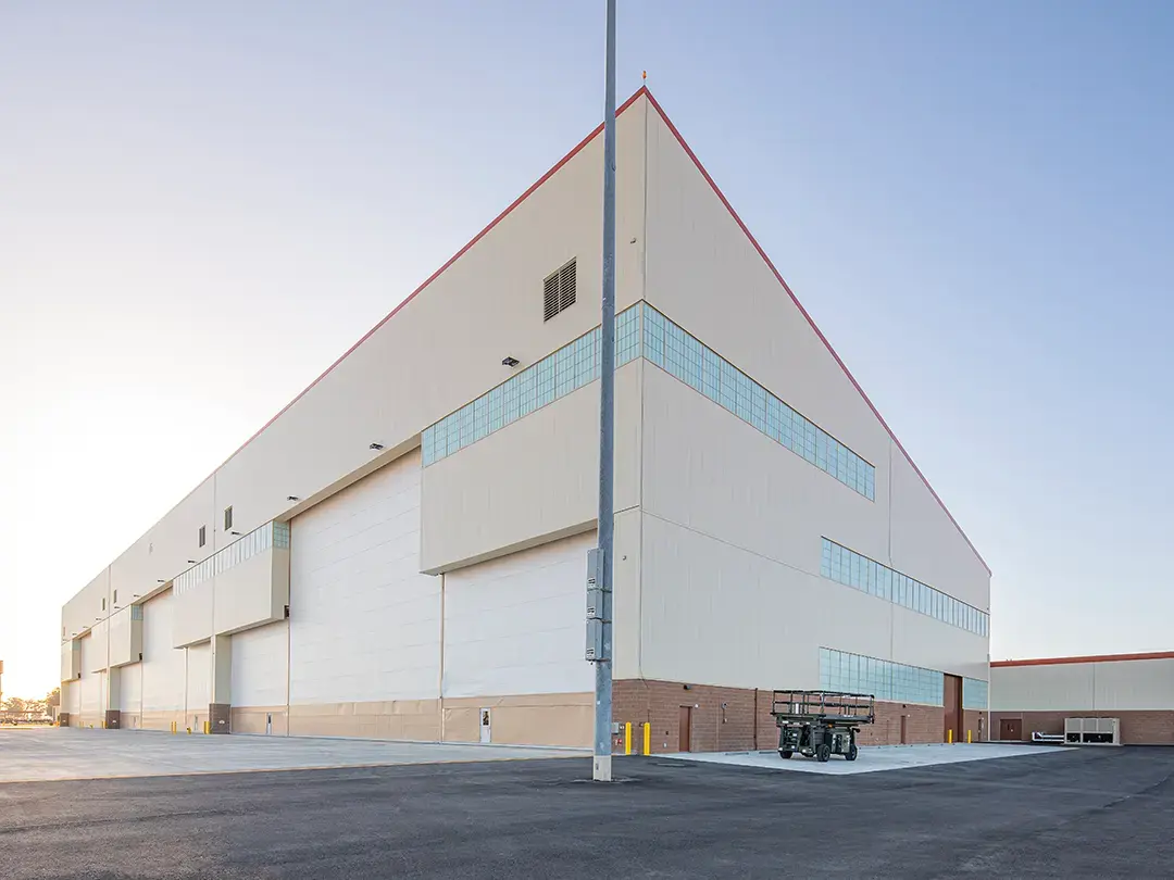 hangar building exterior with bay doors closed