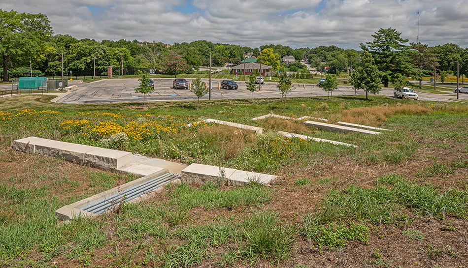 water control feature with parking in background