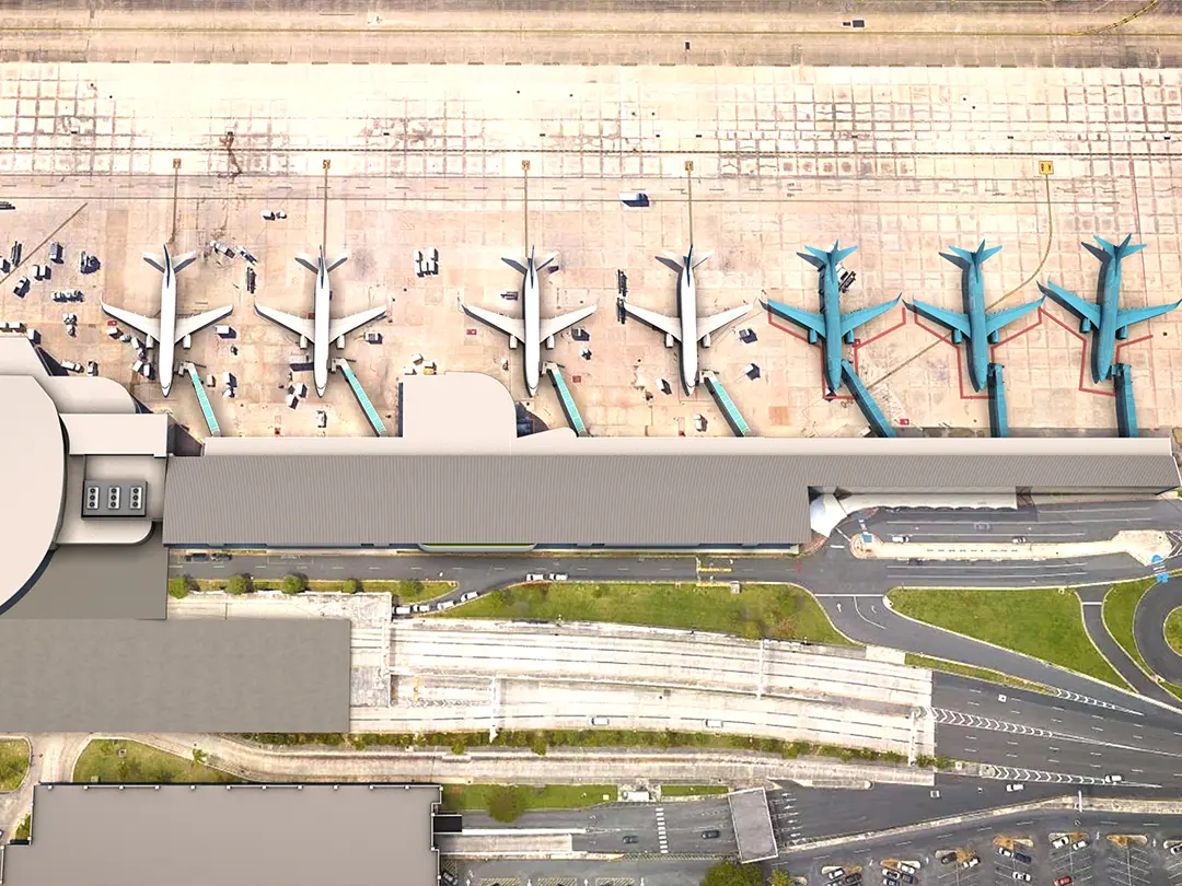 rendering showing placement of aircraft at terminal gates