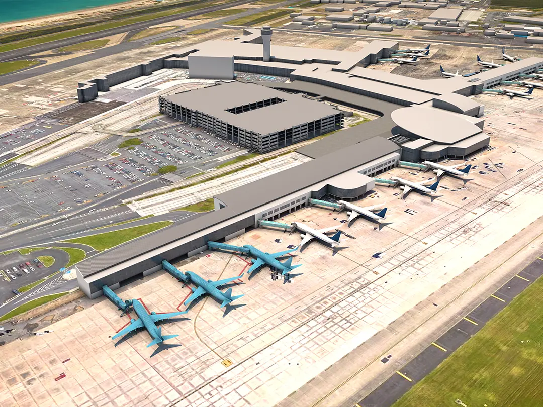 rendering showing placement of aircraft at terminal gates