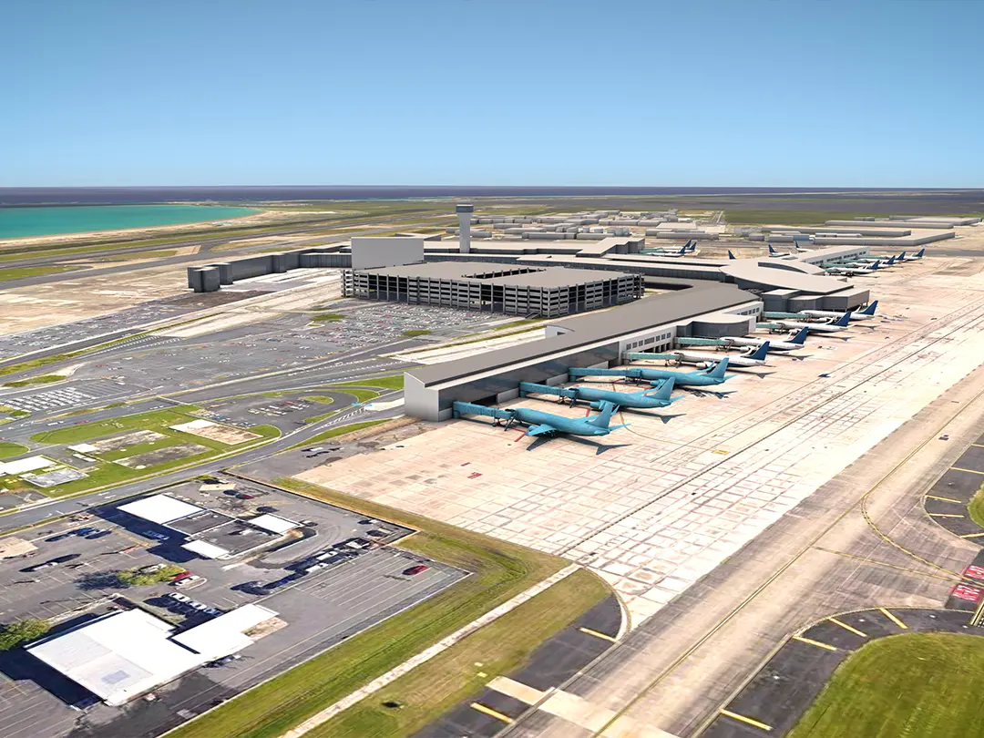 rendering showing placement of aircraft at terminal gates