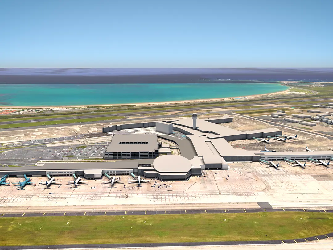 rendering showing placement of aircraft at terminal gates