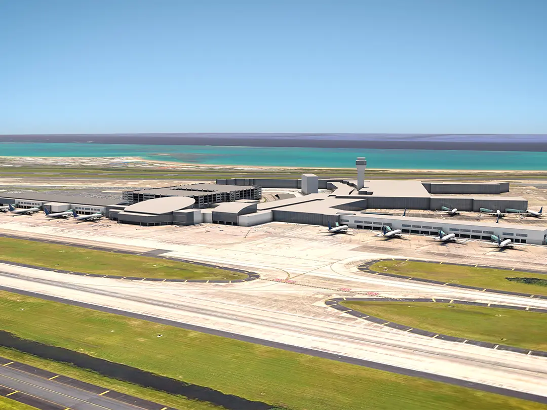 rendering showing placement of aircraft at terminal gates
