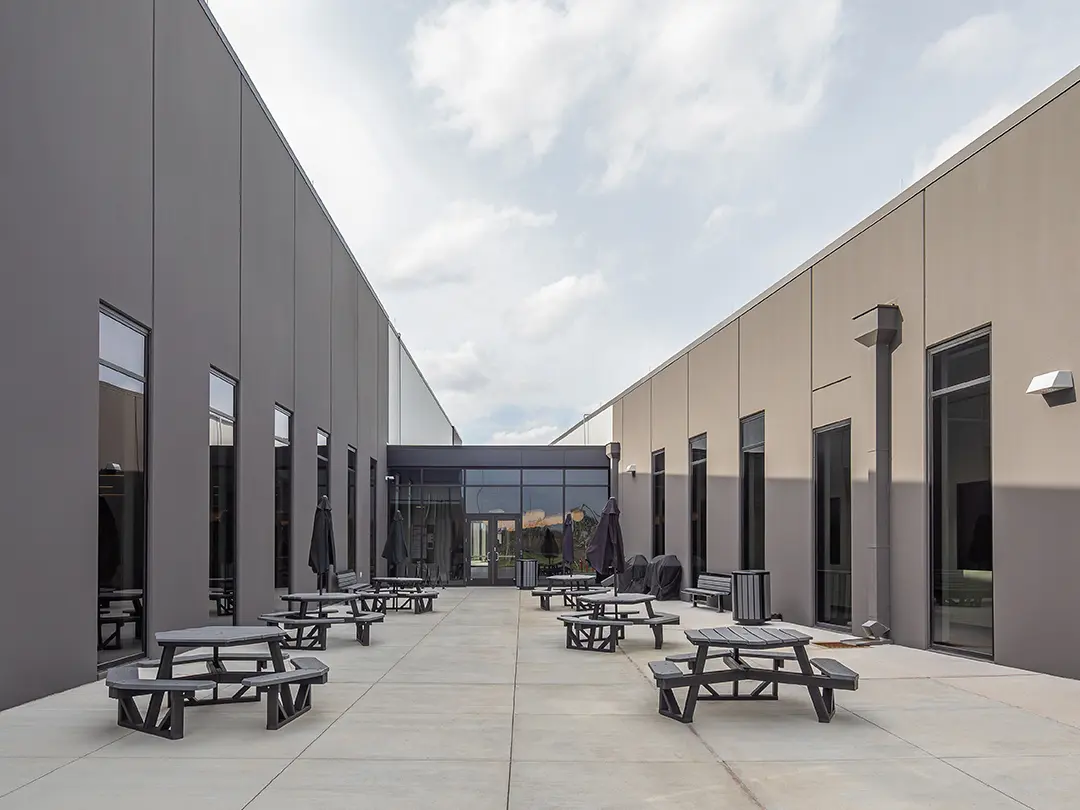 outdoor seating courtyard for employee breaks