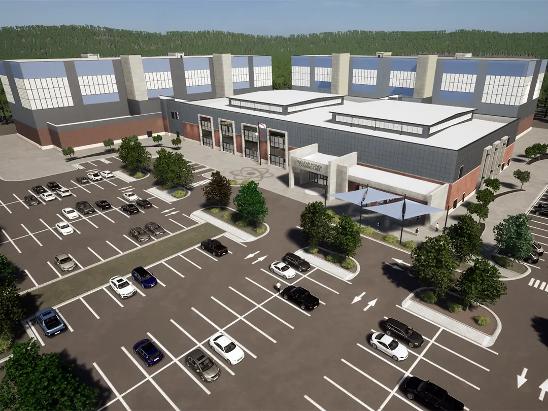 rendering of aerial view of building entrance with parking lot in foreground