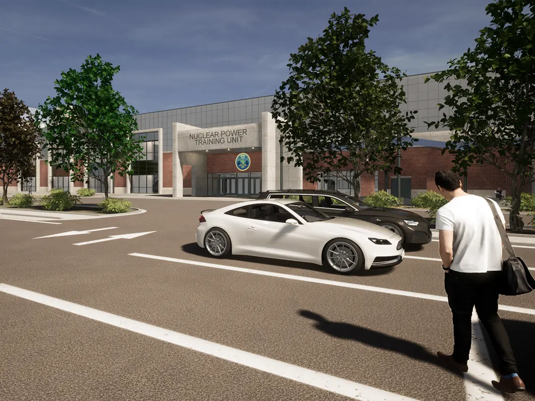 rendering of person approaching building entrance from parking area