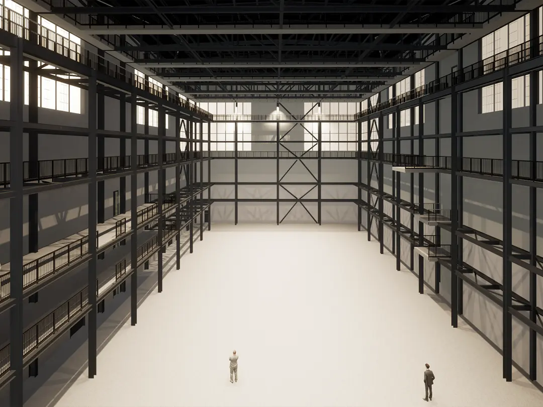 rendering of interior of large, open, multistory facility