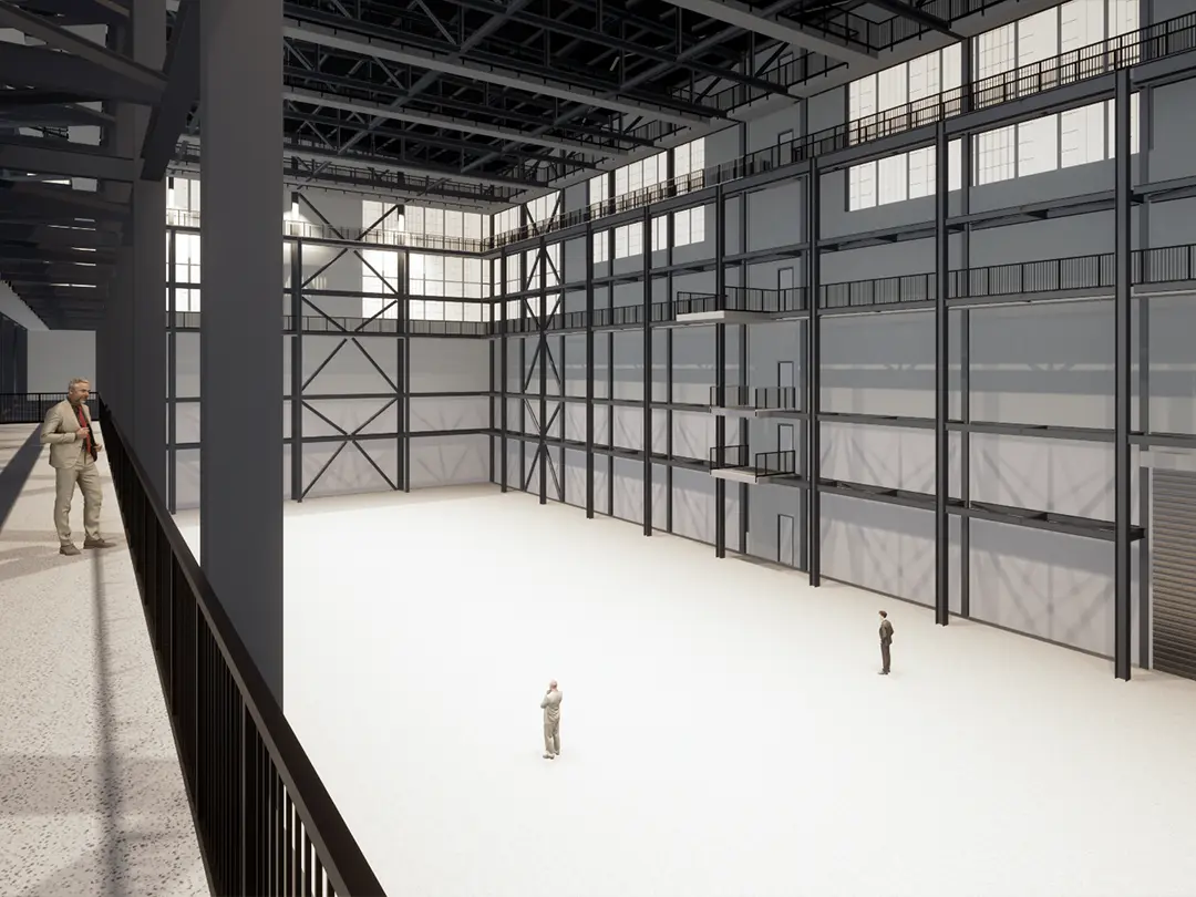 rendering of view from upper floor of large, open, multistory facility