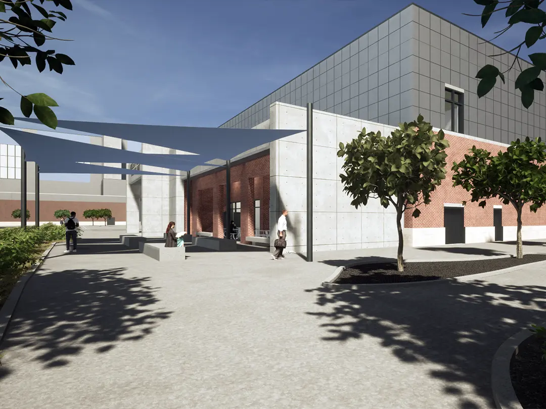 rendering of exterior building entrance with canopy, trees and seating