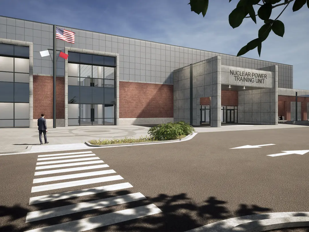 rendering of ground level approach to building entrance, with crosswalk and flagpole