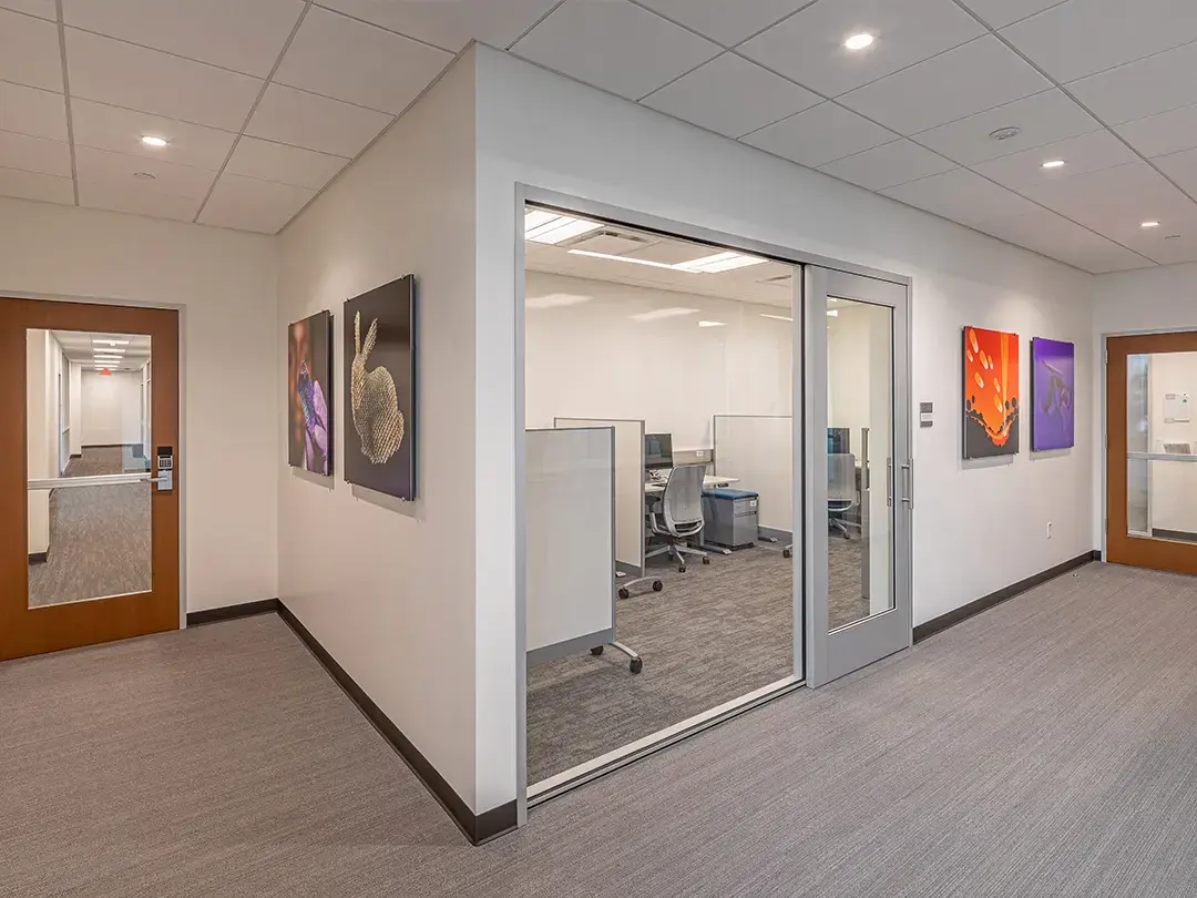 interior view with controlled access doors and separate group office