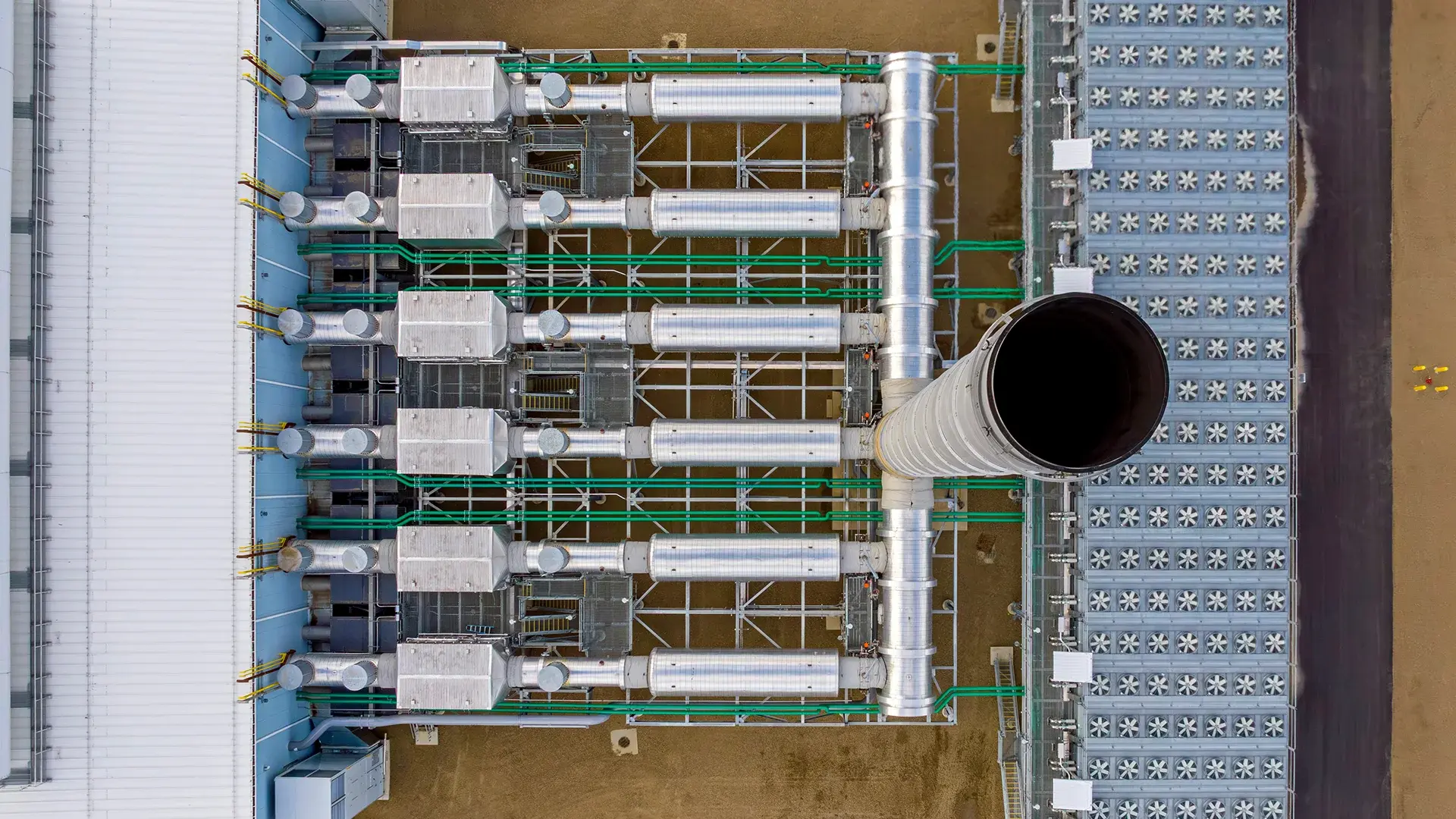 overhead view of power plant stack and equipment