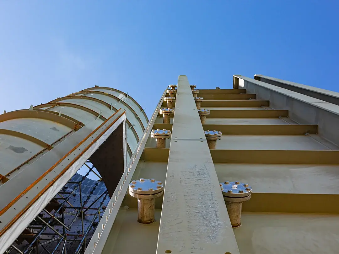 perspective view of tall power plant components from below