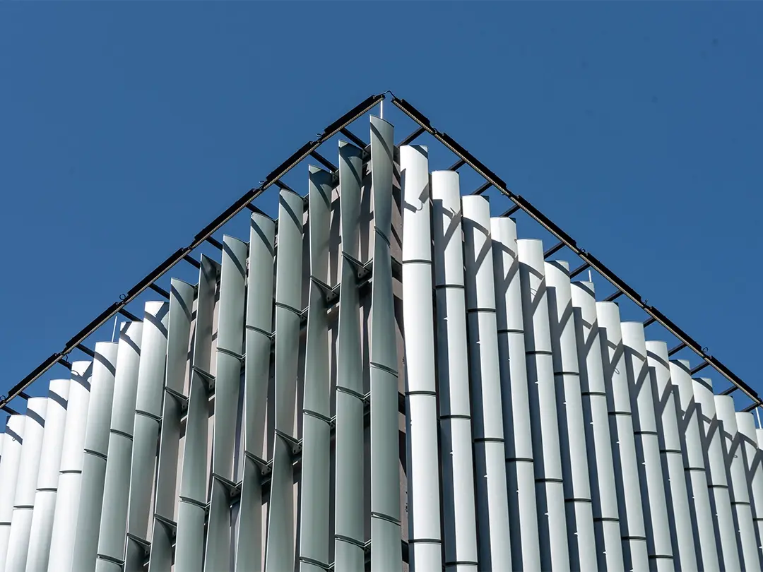 close-up view of exterior slat treatment on substation enclosure exterior