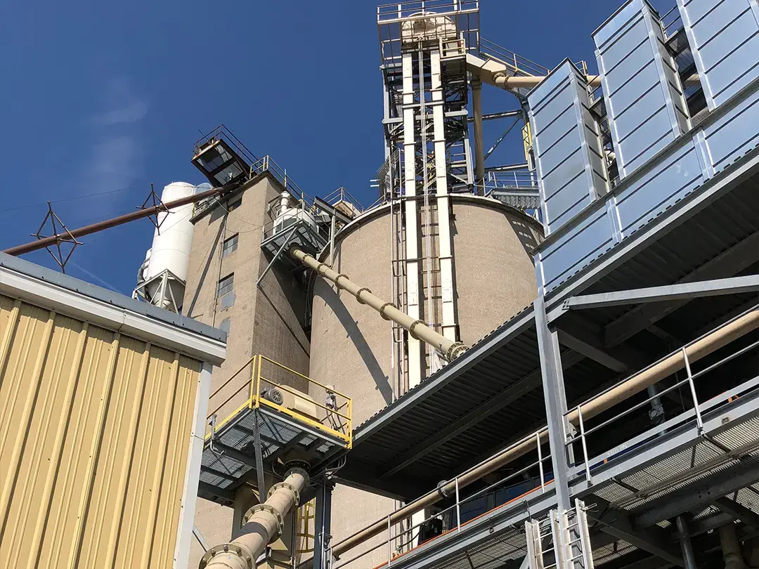 exterior plant equipment, looking up from ground at tower