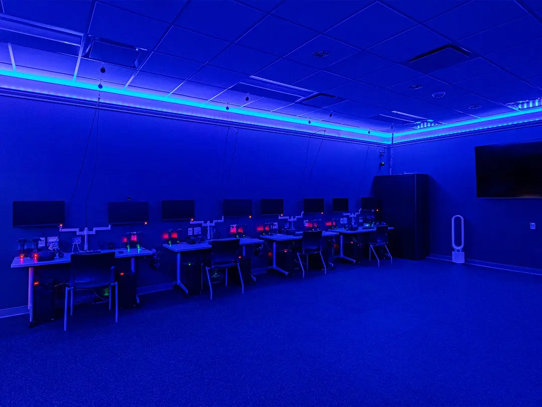 security monitoring with workstations and blue overhead lighting