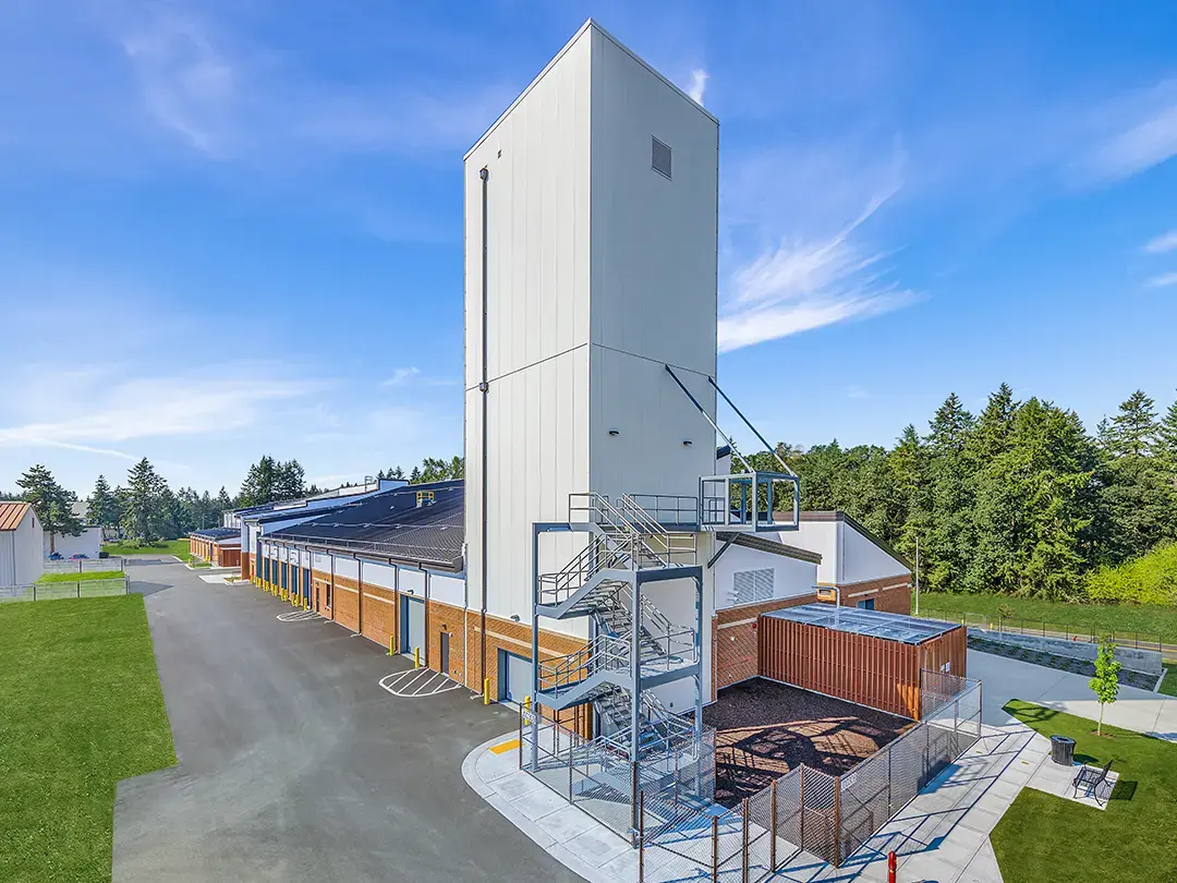 exterior of building with parachute drying tower