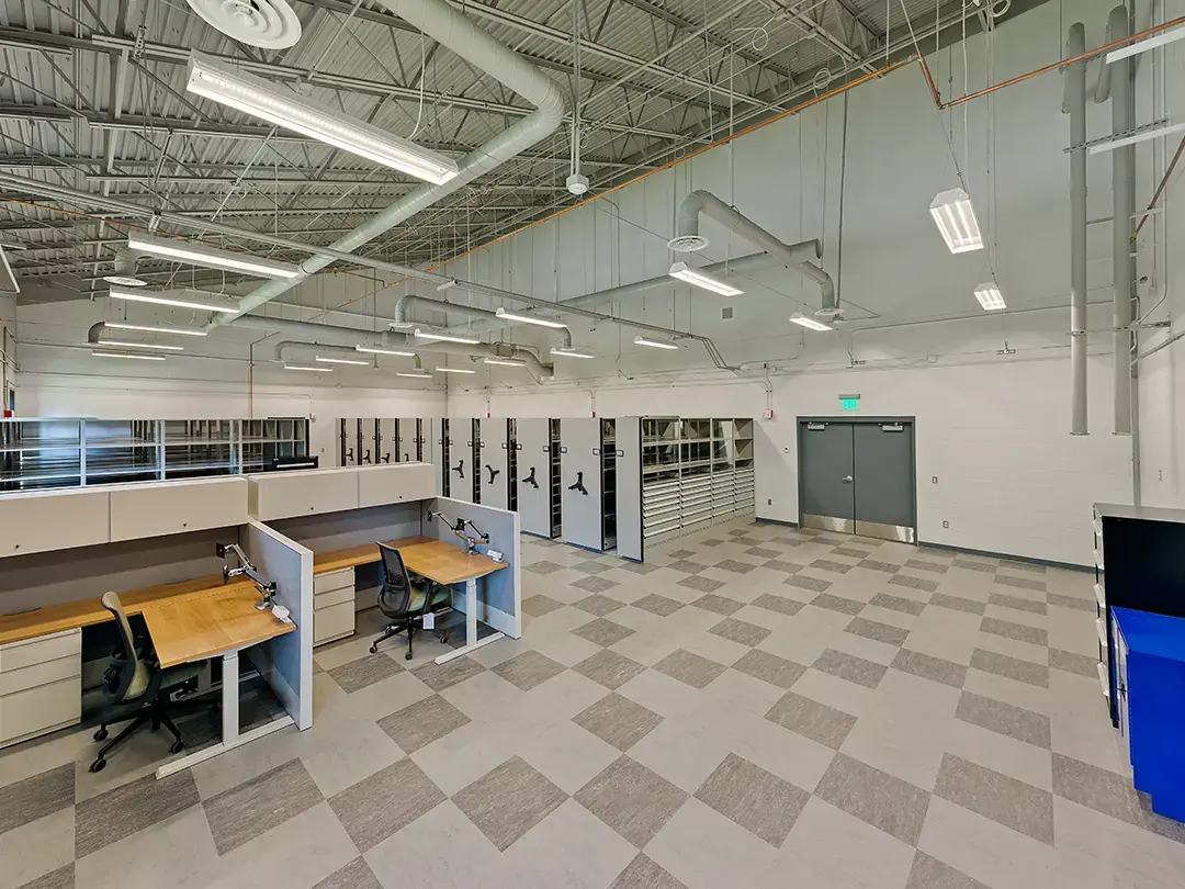 records storage area with moveable shelves and desk workstations