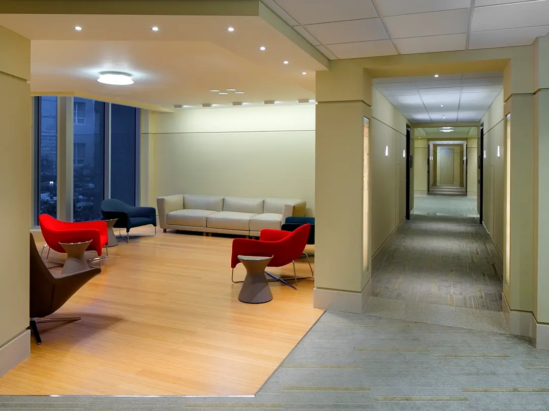 shared seating area next to hallway to student rooms