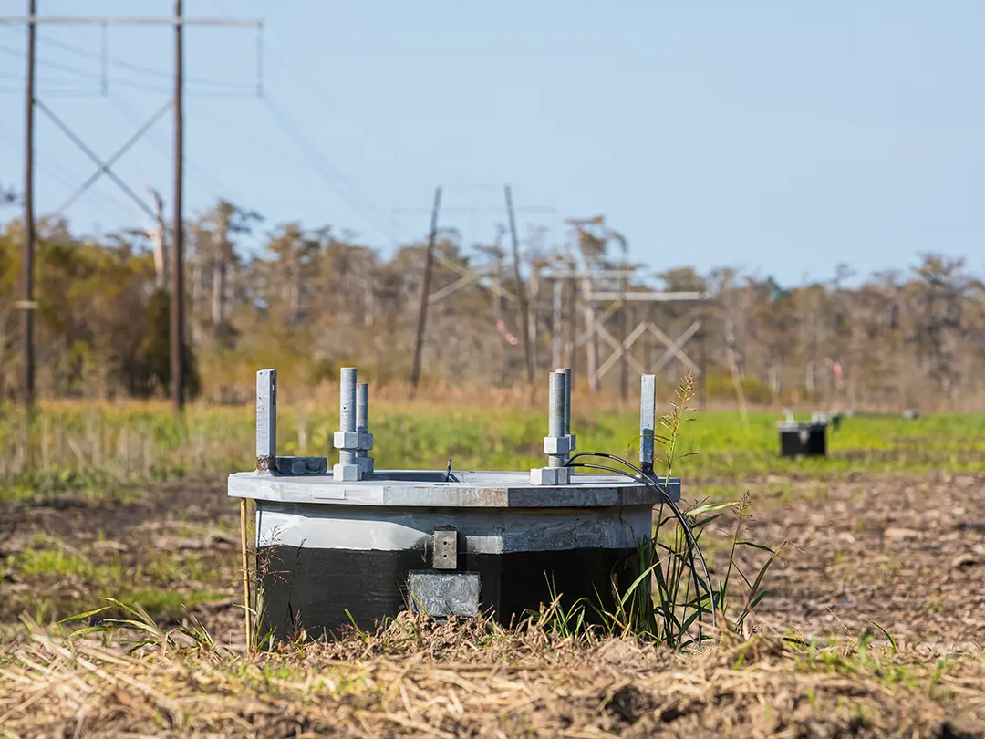 closeup view of a transmission tower foundation component