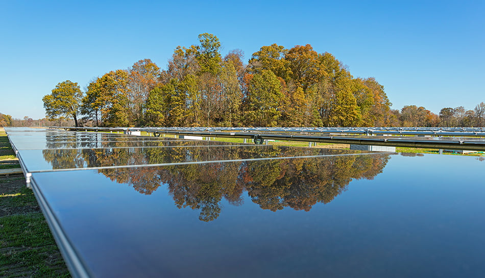 installed panels in horizontal position reflecting trees in background