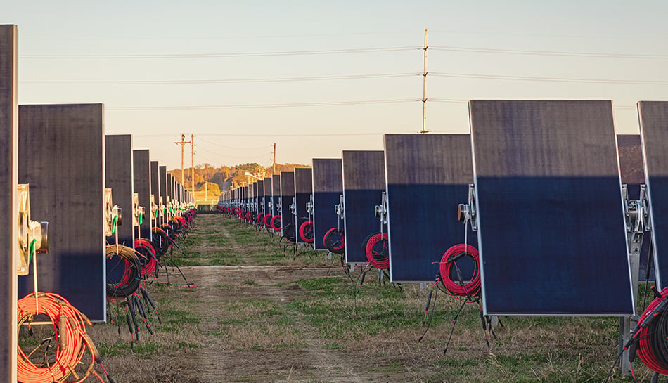 rows of solar panels installed with bundles of cable awaiting connection