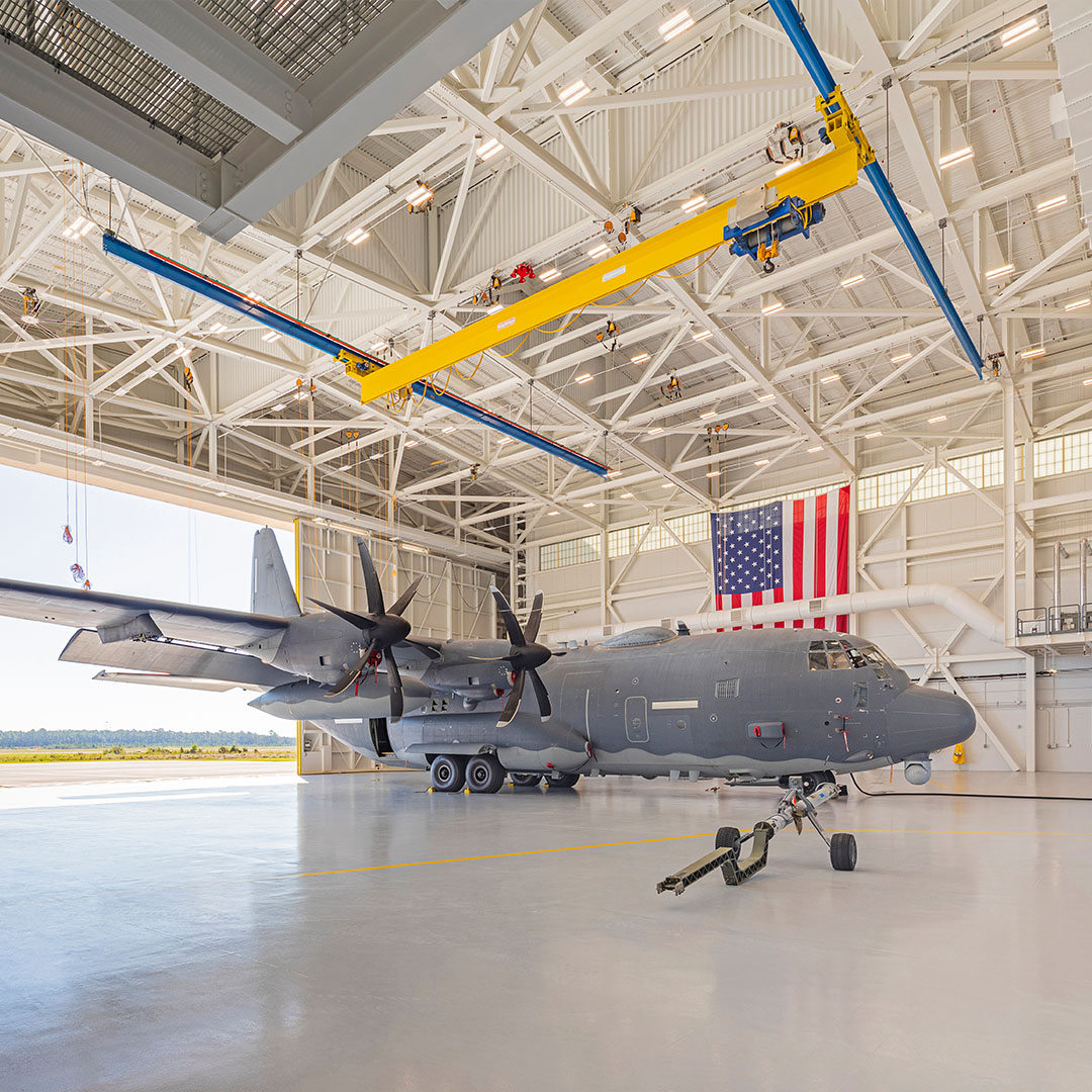 Military plane inside hangar